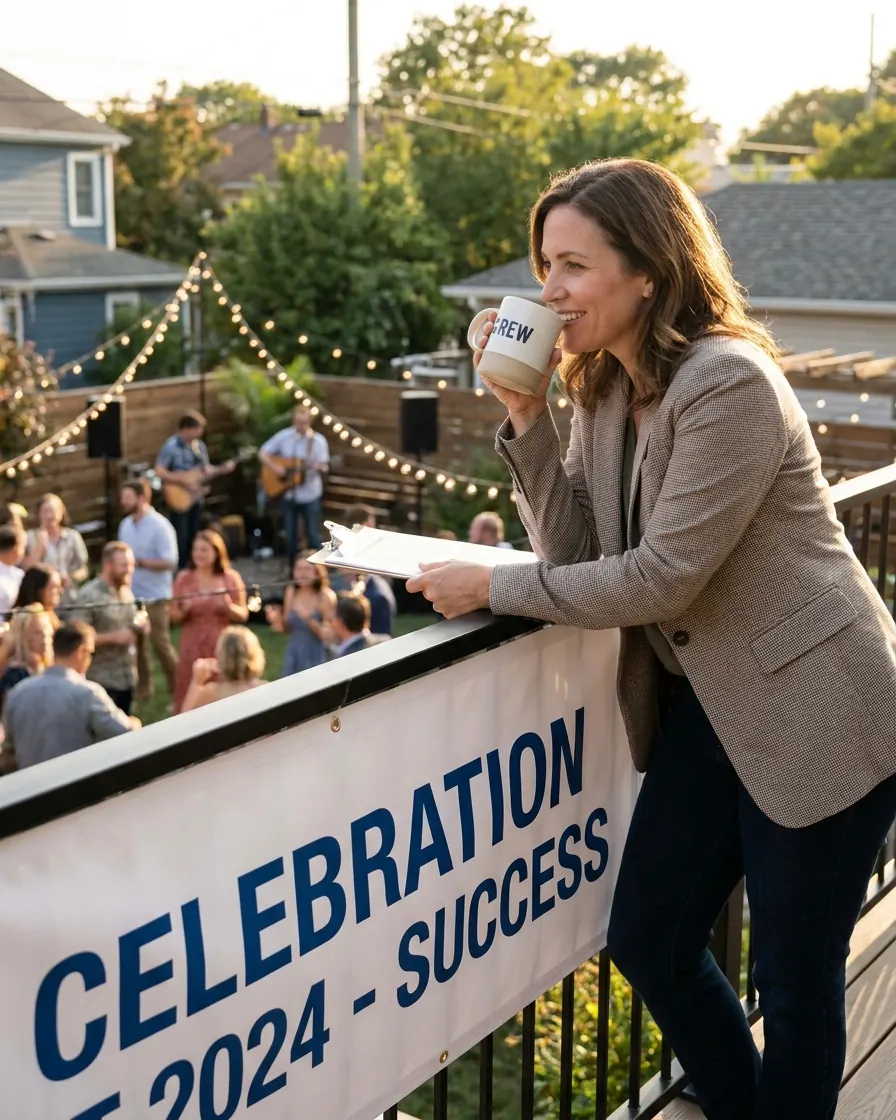 An event organizer with a mug of coffee and a clipboard on a terrace above a garden party with a live band
