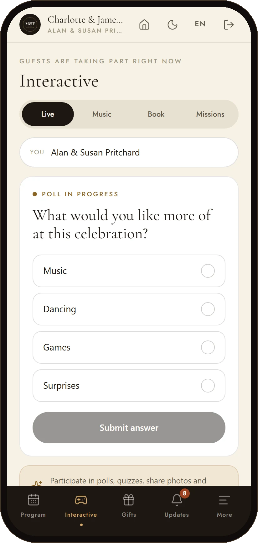 Polls, quizzes, music requests and photo missions