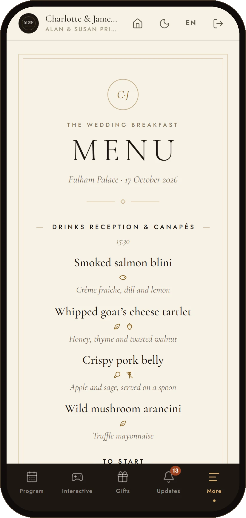 The evening’s menu and meal choice