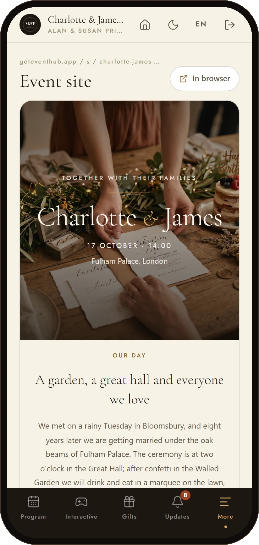 The event website inside the app